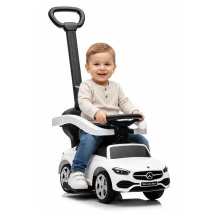 Baltas Mercedes 3in1 paspirtukas–mašinėlė su stūmimo rankena