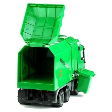 Didelis žalias šiukšliavežis su konteineriu – mechaninis išvertimas