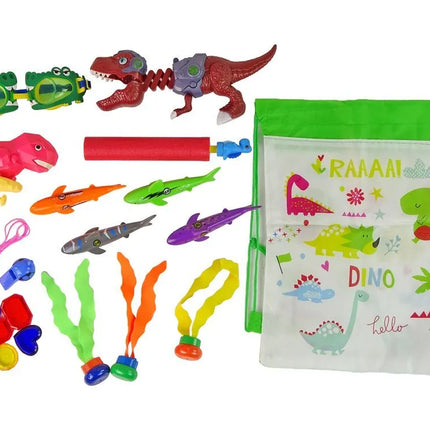 Dinozaurų nardymo rinkinys vaikams – žuvys, akiniai, vandens pistoletai, akmenukai