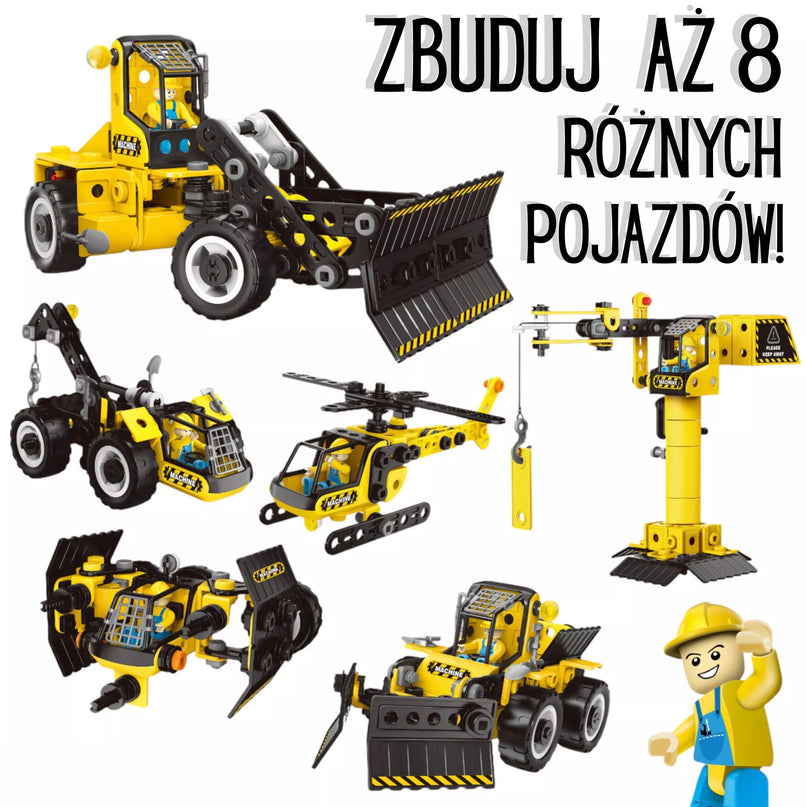 „WOOPIE“ konstruktorius – statybinių mašinų rinkinys, iš kurio galima sukurti 8 STEAM modelius