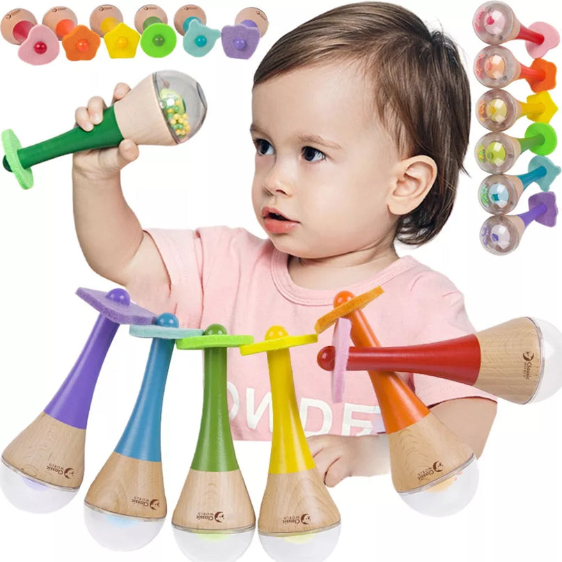 CLASSIC WORLD 2-in-1 medinis barškutis–maraka „Vaivorykštė“, 1 vnt.