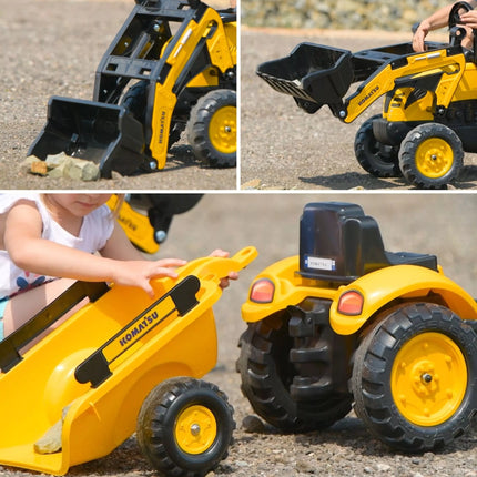 FALK Komatsu pedalinis traktorius su ekskavatoriaus kaušu ir priekaba