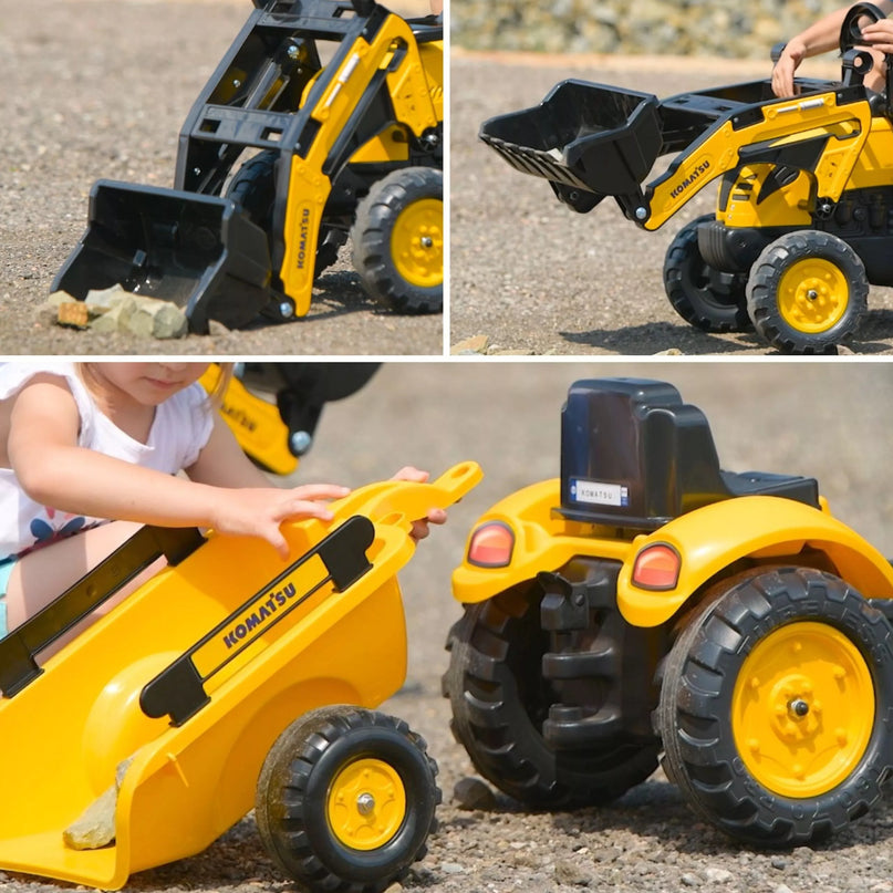 FALK Komatsu pedalinis traktorius su ekskavatoriaus kaušu ir priekaba