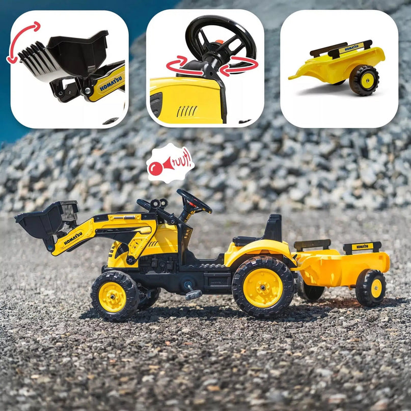 FALK Komatsu pedalinis traktorius su ekskavatoriaus kaušu ir priekaba