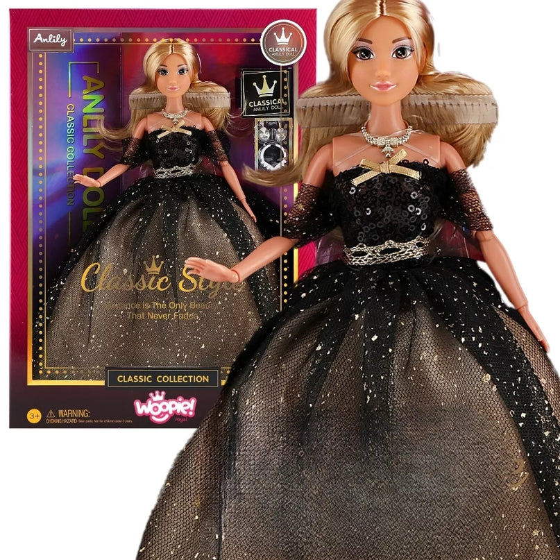 WOOPIE ROYAL Lėlė Lelija 30 cm Ilgas Blondinė Plaukai Juoda Ball Suknelė