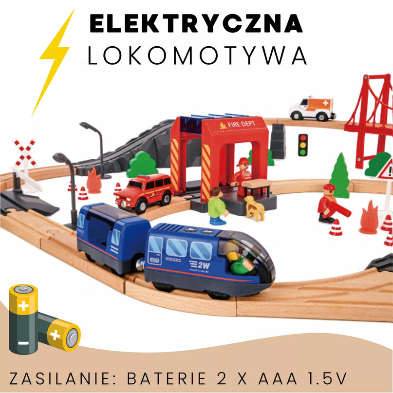 Tooky Toy medinis elektrinis gaisrinės traukinio rinkinys su garso efektais, 70 vnt