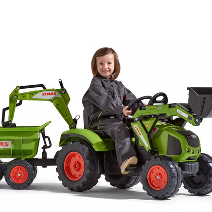 Falk Claas Axos 330 pedalinis traktorius su krautuvu, ekskavatoriumi ir maxi priekaba