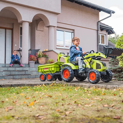 Falk Claas Axos 330 pedalinis traktorius su krautuvu, ekskavatoriumi ir maxi priekaba