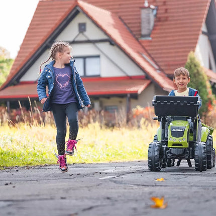 Falk Claas Axos 330 pedalinis traktorius su krautuvu, ekskavatoriumi ir maxi priekaba