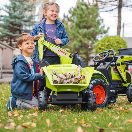 Falk Claas Axos 330 pedalinis traktorius su krautuvu, ekskavatoriumi ir maxi priekaba