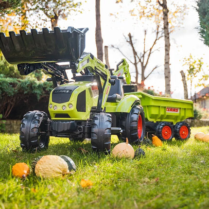 Falk Claas Axos 330 pedalinis traktorius su krautuvu, ekskavatoriumi ir maxi priekaba