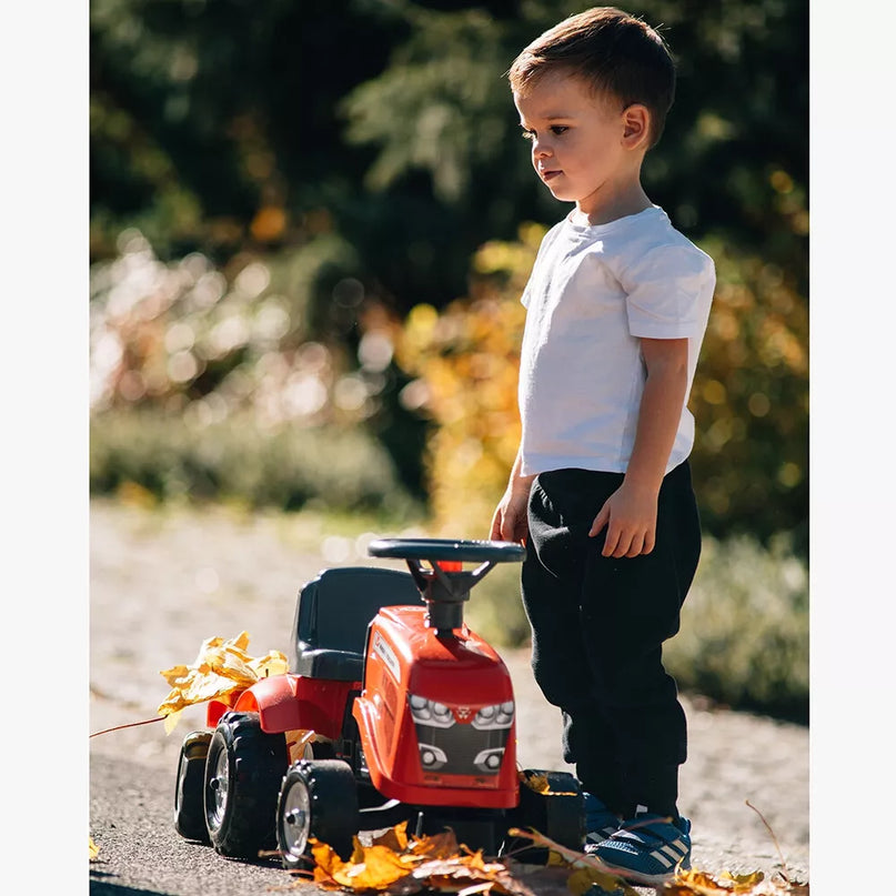 Falk Baby Massey Ferguson traktoriukas–stumdukas su priekaba, įrankiais ir lipdukais