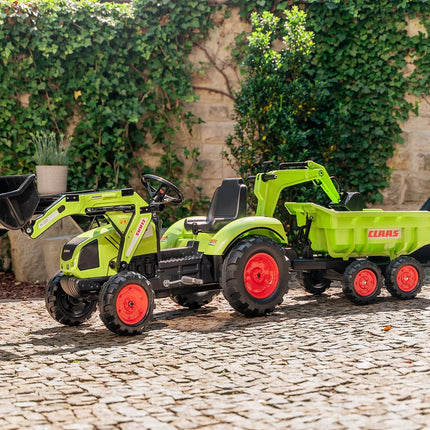 Falk Claas Axos 330 pedalinis traktorius su krautuvu, ekskavatoriumi ir maxi priekaba