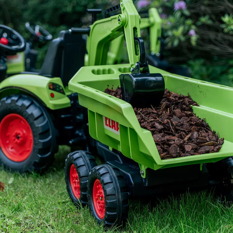 Falk Claas Axos 330 pedalinis traktorius su krautuvu, ekskavatoriumi ir maxi priekaba