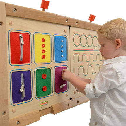 MASTERKIDZ Montessori sieninė lenta su atidarymo ir uždarymo užraktais, slankikliais ir sagomis