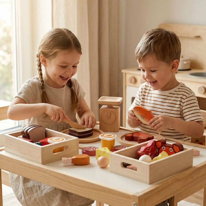 VIGA medinis maisto dėžutės rinkinys pusryčiams, žuviai, mėsai ir pieno produktams