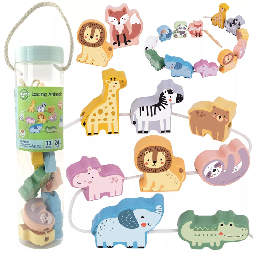 WOOPIE GREEN mediniai siūlų vėrimo kaladėlės, susipynusios ZOO Montessori, 13 vnt.