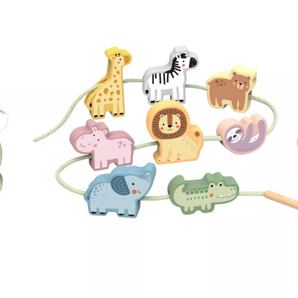 WOOPIE GREEN mediniai siūlų vėrimo kaladėlės, susipynusios ZOO Montessori, 13 vnt.