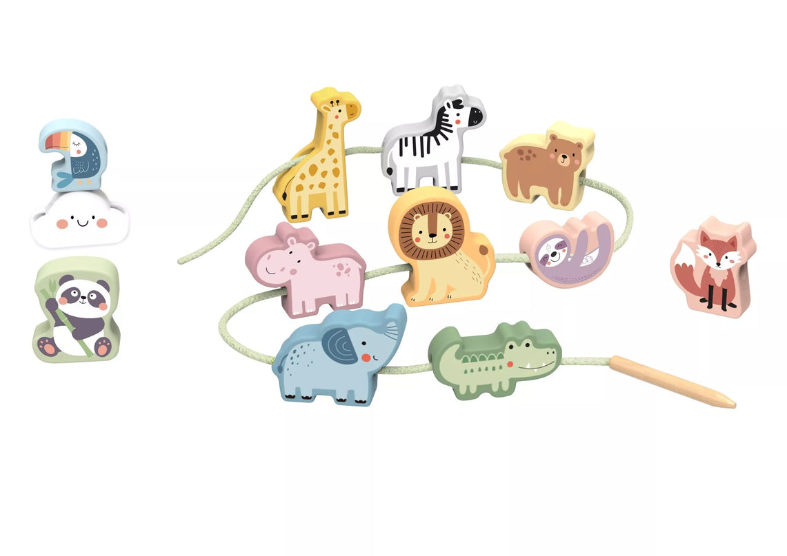 WOOPIE GREEN mediniai siūlų vėrimo kaladėlės, susipynusios ZOO Montessori, 13 vnt.