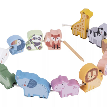 WOOPIE GREEN mediniai siūlų vėrimo kaladėlės, susipynusios ZOO Montessori, 13 vnt.