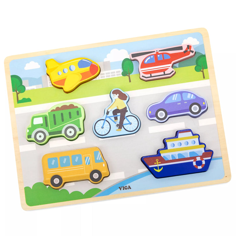 VIGA medinės dėlionės Montessori 2in1 transporto priemonės