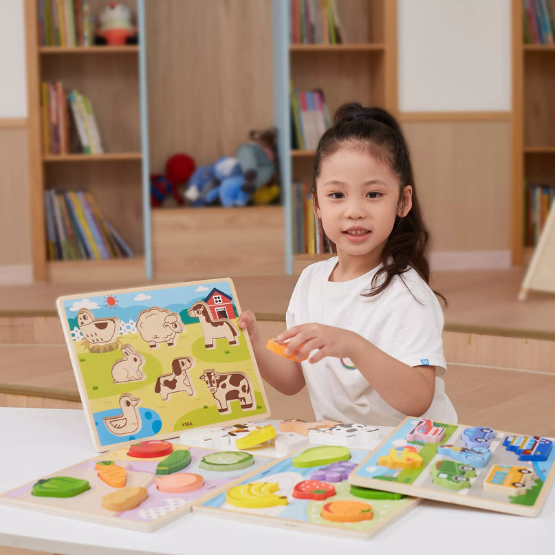 VIGA medinės dėlionės Montessori 2in1 transporto priemonės