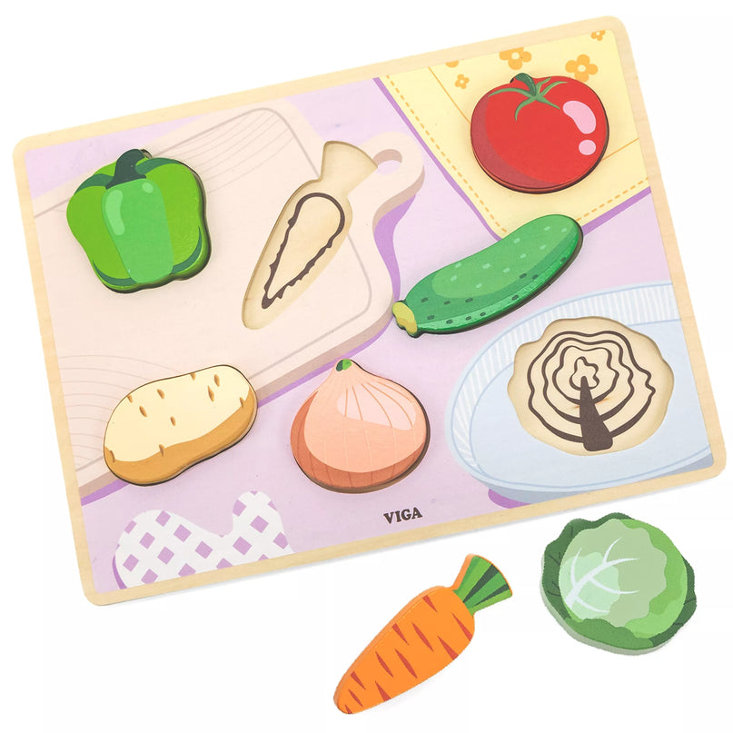 VIGA medinė dėlionė Montessori 2in1 daržovės