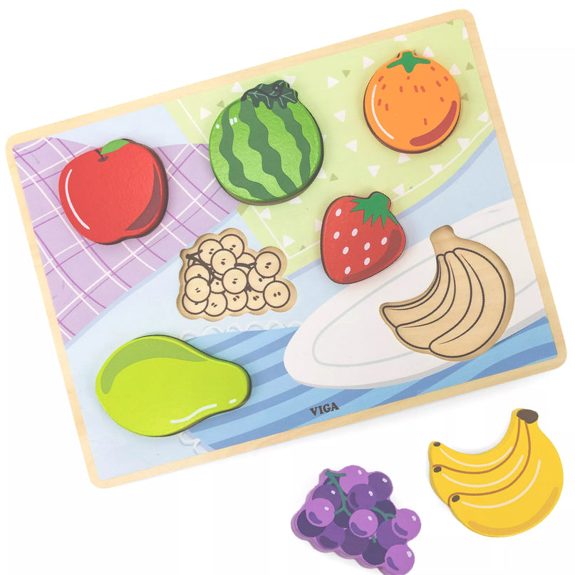 VIGA Medinė dėlionė Montessori 2-in-1 dėlionės vaisių figūrėlės