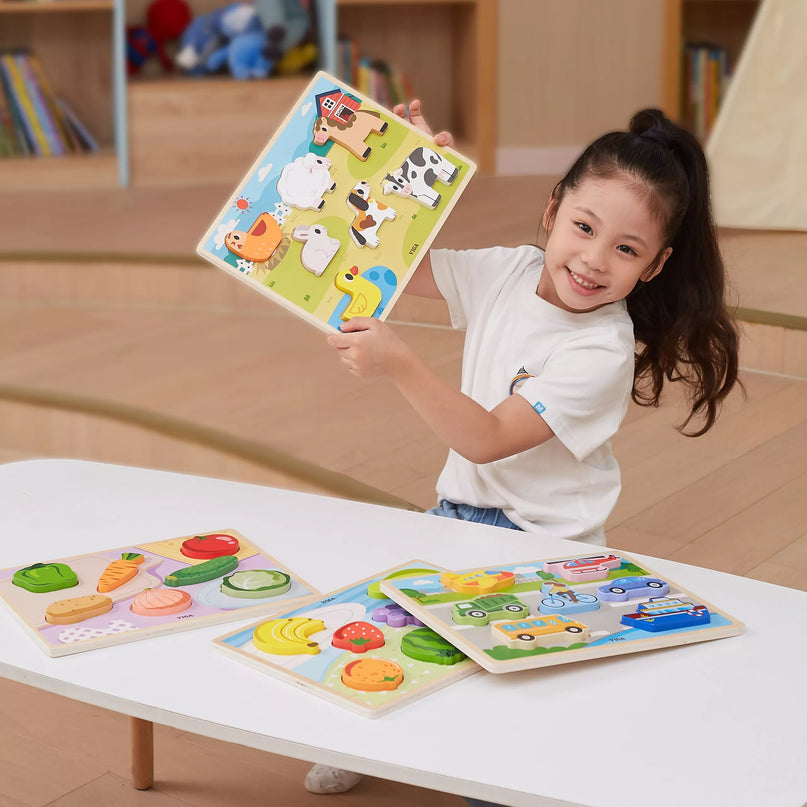 VIGA Medinė dėlionė Montessori 2-in-1 dėlionės vaisių figūrėlės