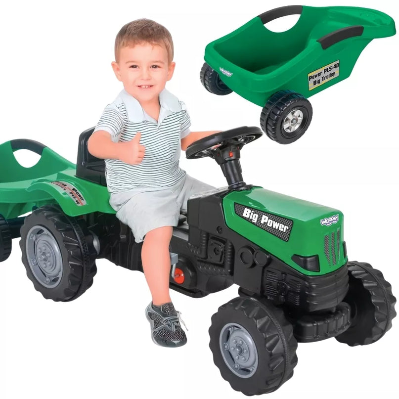 WOOPIE didelis „PowerTrac“ pedalais minamas traktorius su XXL priekaba