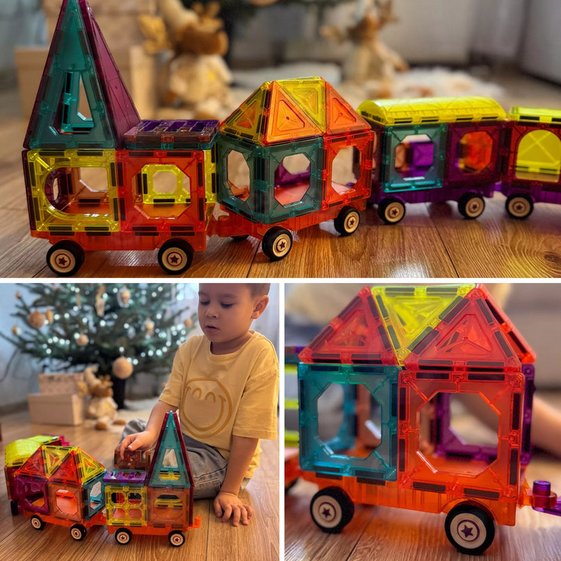WOOPIE Magnetinių 3D kaladėlių traukinių rinkinys, 71 vnt.
