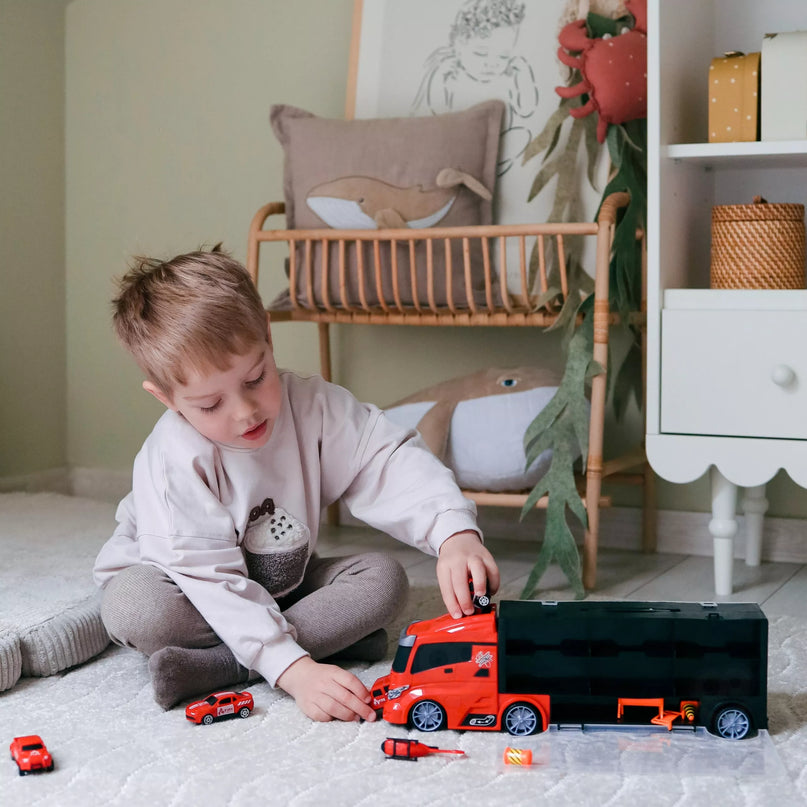 WOOPIE 3in1 gaisrinės sunkvežimis su paleidimo funkcija, 5 automobiliais ir sraigtasparniu