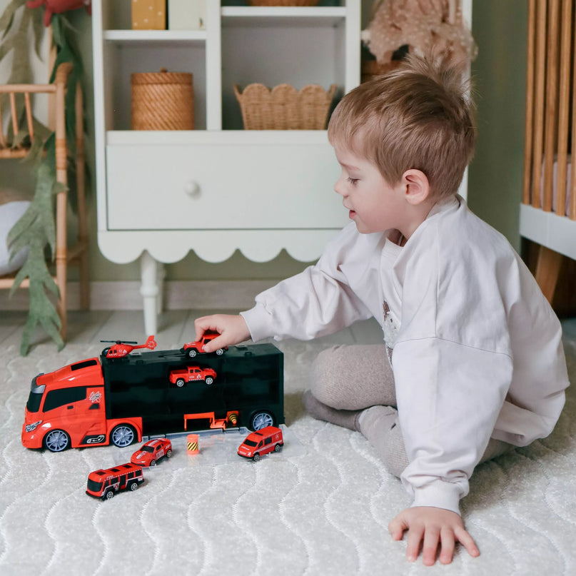 WOOPIE 3in1 gaisrinės sunkvežimis su paleidimo funkcija, 5 automobiliais ir sraigtasparniu