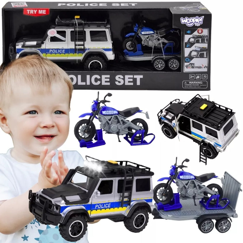 WOOPIE policijos visureigių automobilių komplektas su motociklo priekaba