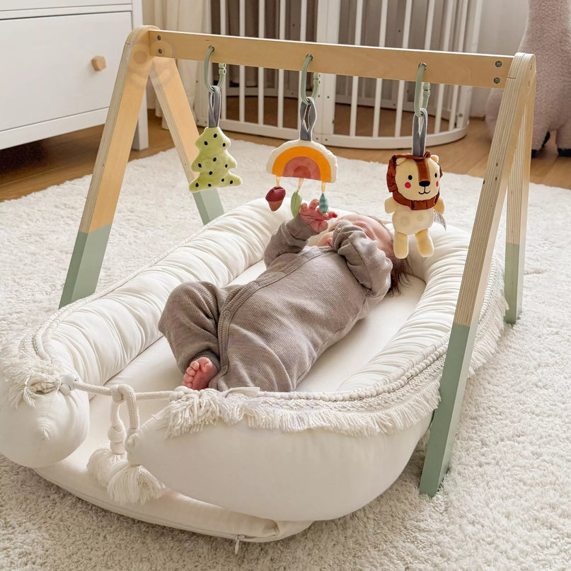 Tooky Toy medinis baby gym su 3 sensoriniais žaislais