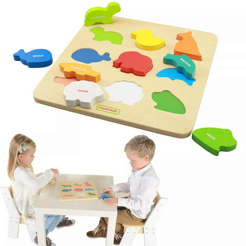 MASTERKIDZ medinis figūrėlių rūšiuoklis, spalvingi gyvūnai, Montessori