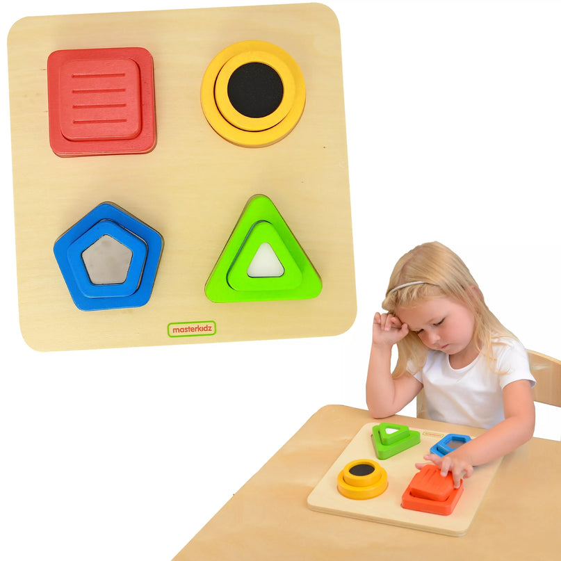 Montessori medinis rūšiuotojas formoms, medžiagoms, paviršiaus tekstūroms
