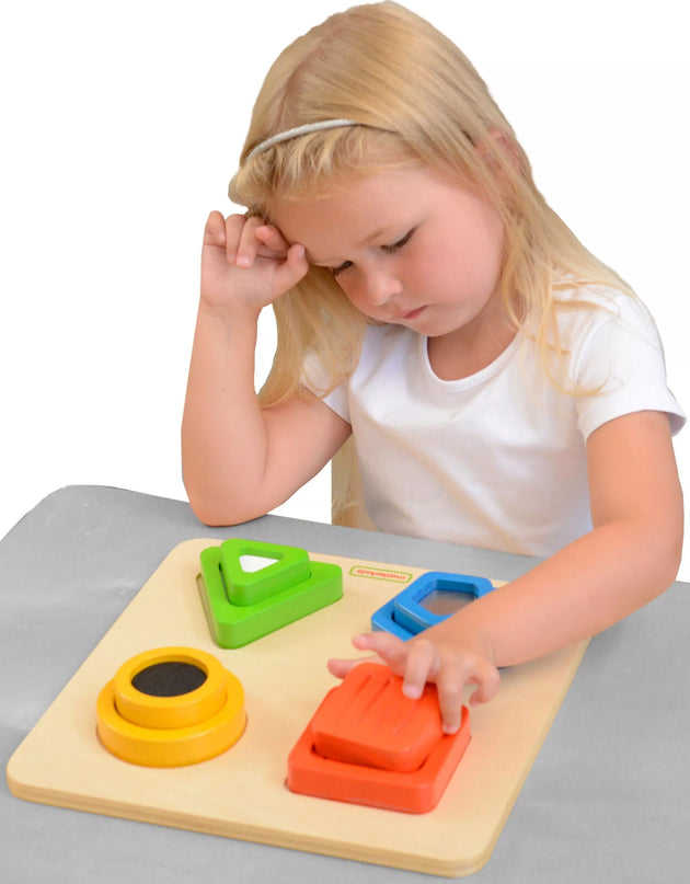 Montessori medinis rūšiuotojas formoms, medžiagoms, paviršiaus tekstūroms