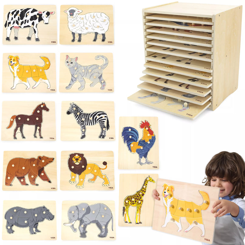 VIGA Medinių dėlionių rinkinys – 12 Montessori gyvūnų dėlionių su stovu