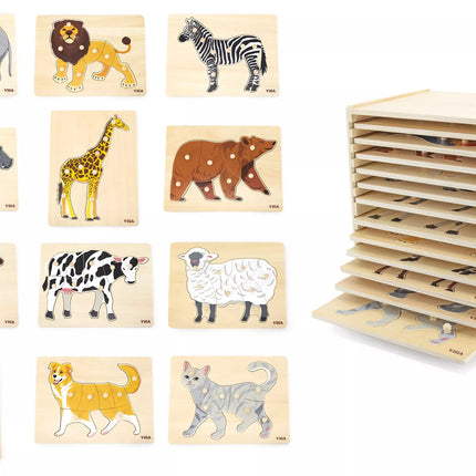 VIGA Medinių dėlionių rinkinys – 12 Montessori gyvūnų dėlionių su stovu