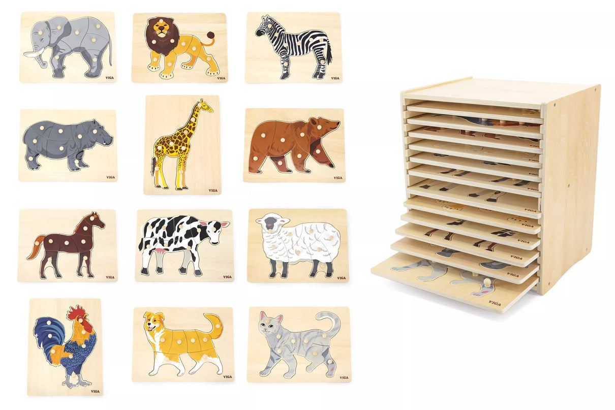 VIGA Medinių dėlionių rinkinys – 12 Montessori gyvūnų dėlionių su stovu