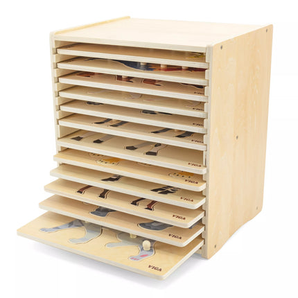 VIGA Medinių dėlionių rinkinys – 12 Montessori gyvūnų dėlionių su stovu