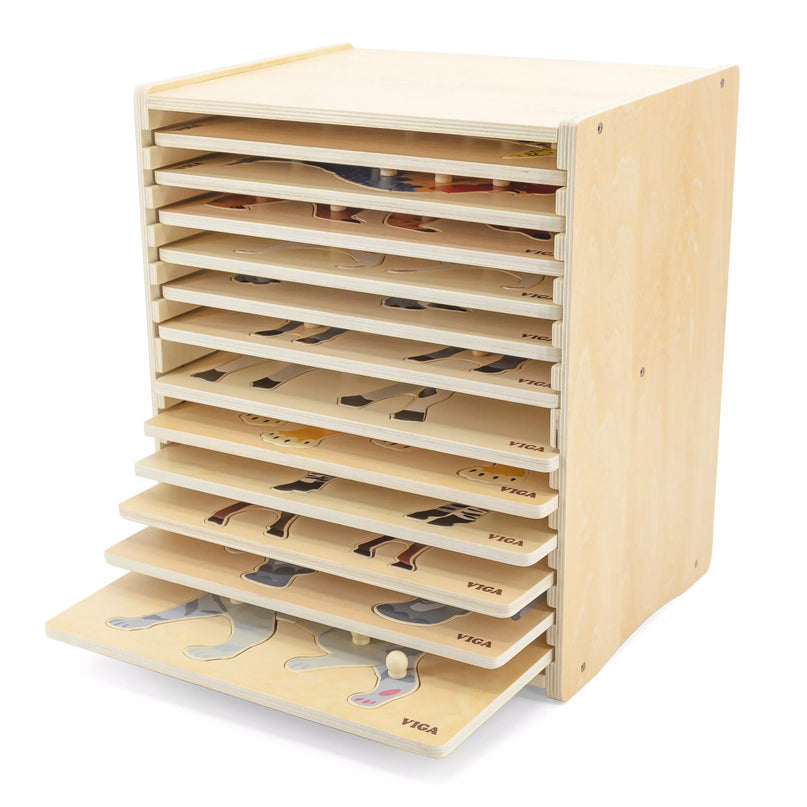 VIGA Medinių dėlionių rinkinys – 12 Montessori gyvūnų dėlionių su stovu