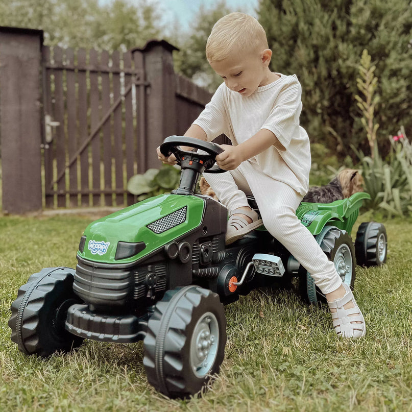 WOOPIE Farmer GoTrac MAXI pedalinis traktorius su tyliais ratukais + priekaba