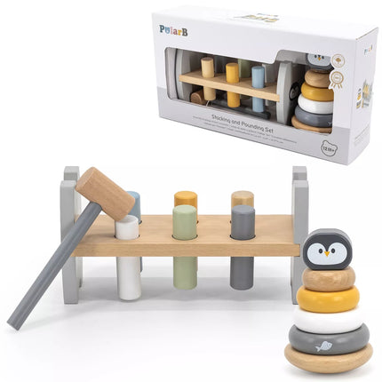 Medinė piramidė ir perforatorius su plaktuku pingvinu Montessori