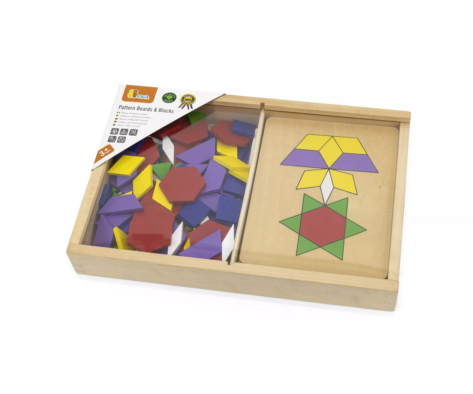 Medinės geometrinės mozaikos „Dienes“ kaladėlės – Montessori loginis galvosūkis