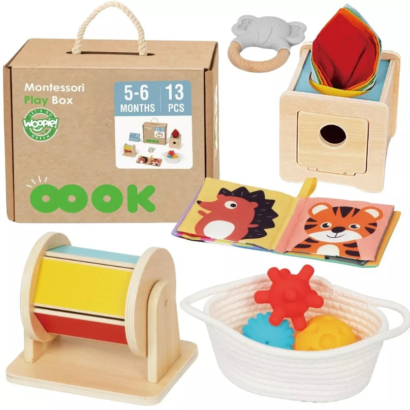 WOOPIE GREEN Box XXL – Montessori edukacinė 6-in-1 sensorinė dėžė, skirta 5–6 mėn. kūdikiams.