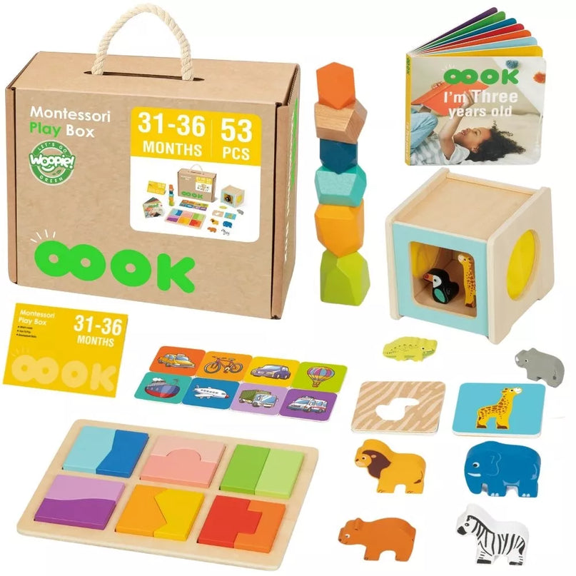 WOOPIE GREEN Box XXL – Montessori edukacinė 7-in-1 sensorinė dėžė, skirta 31–36 mėnesių vaikams.
