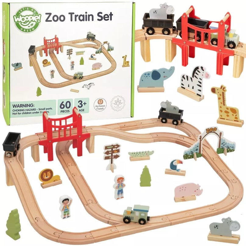 WOOPIE GREEN medinis „Zoo“ traukinio rinkinys XL – magnetinis traukinio bėgių rinkinys