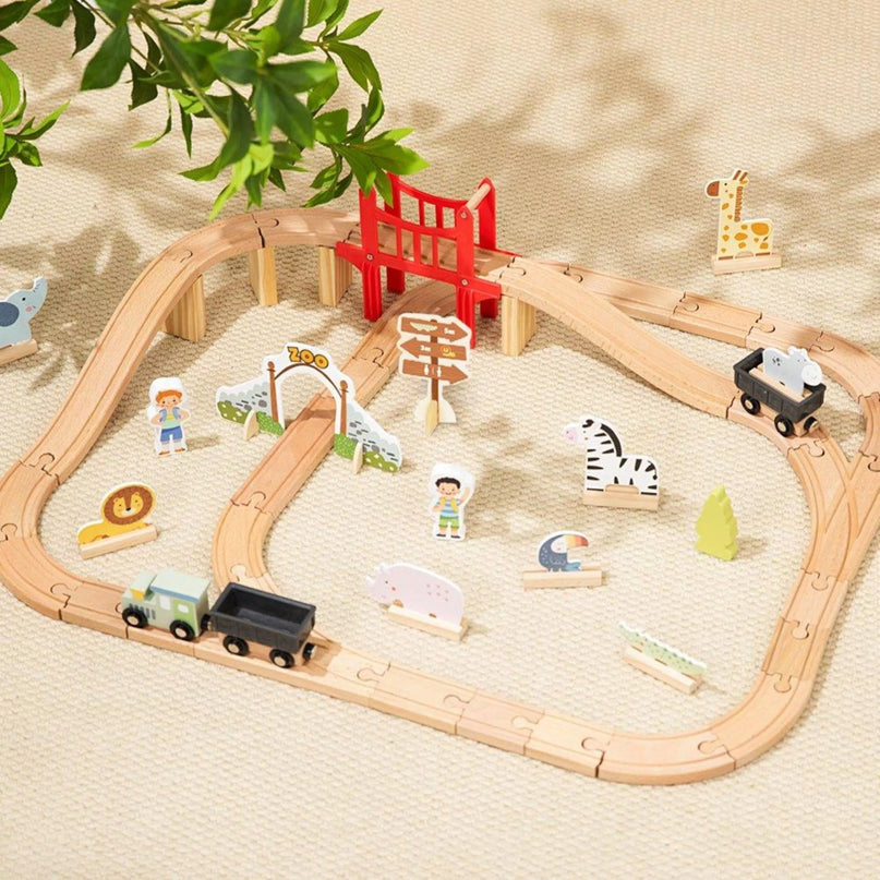 WOOPIE GREEN medinis „Zoo“ traukinio rinkinys XL – magnetinis traukinio bėgių rinkinys